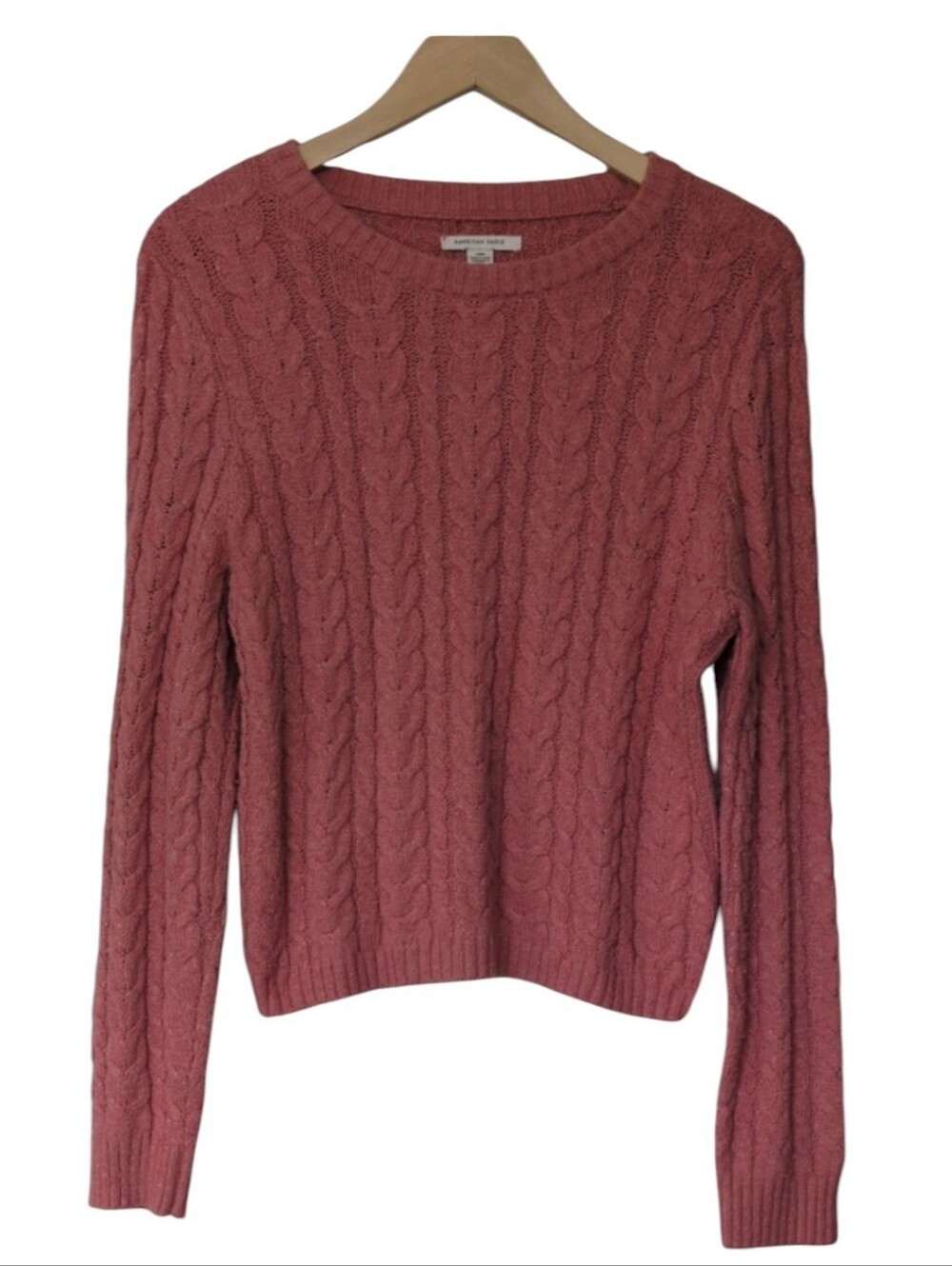American Eagle Cable Knit Coral Pink Long Sleeve Sweater Cotton Size Large Crew